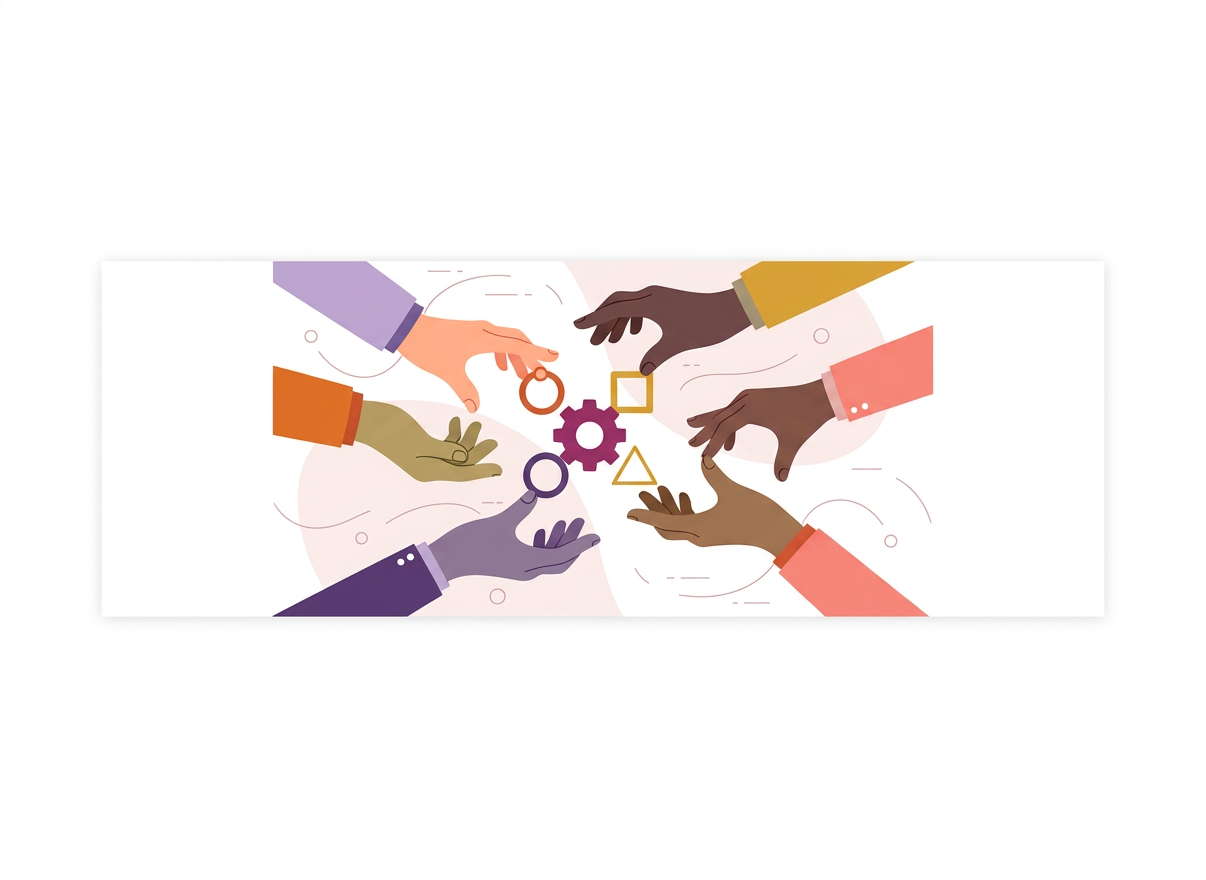 Illustration vectorielle horizontale et panoramique, peu haute, destinée à remplacer une image sous l’introduction d’une page sur le service social en entreprise. Montrer la coopération et le travail collectif par plusieurs mains réunies au centre ou se rejoignant autour d’un même projet, avec des gestes humains, inclusifs et professionnels. Style éditorial moderne, doux et épuré, formes simples, palette harmonieuse lavande, mauve, violet et touches chaleureuses, fond clair, composition aérée, sans texte, sans logo, sans photoréalisme. L’image doit être lisible comme un bandeau étiré sur la largeur, avec une hauteur modérée.