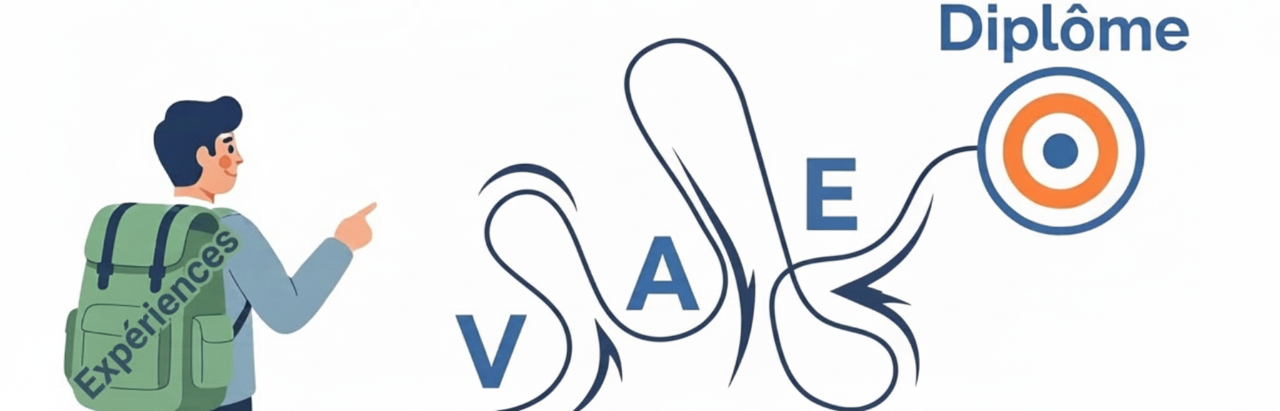 Illustration VAE expériences diplôme Améliorer la qualité et la netteté de l'illustration vectorielle existante sans modifier sa composition ni son contenu : conserver exactement la personne de profil avec yeux, nez et bouche, le sac à dos portant « EXPERIENCES » en majuscules, le doigt pointé vers la droite, le chemin portant « VAE » et la cible au loin intitulée « DIPLOME » en majuscules. Préserver le style vectoriel sobre, minimaliste, horizontal, professionnel, avec uniquement les éléments déjà décrits et aucun texte supplémentaire. Produire des contours propres, une typographie parfaitement lisible et un rendu haute résolution.