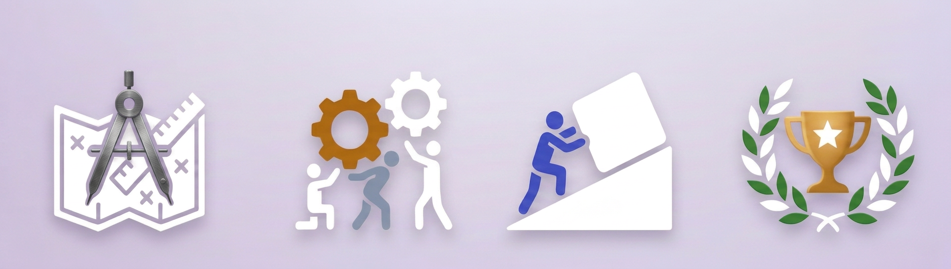 Visual symbols for progress and achievement Four icons representing design, teamwork, growth, and achievement