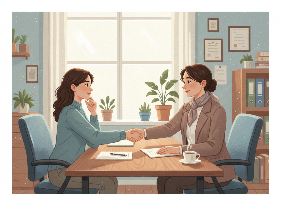 Assistante sociale en entretien avec une personne dans un bureau