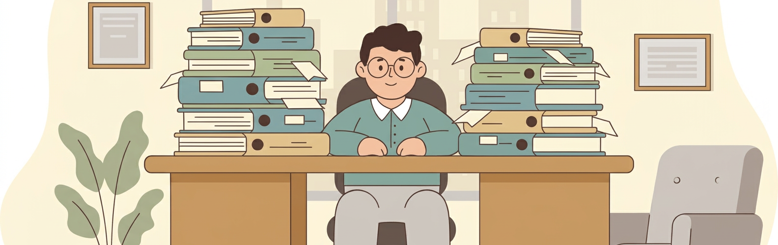 Deux piles de dossiers sur un bureau Illustration vectorielle éditoriale montrant deux grandes piles de dossiers et de documents sur un bureau, avec un personnage assis à ce bureau. Style professionnel, sobre et chaleureux, formes simples, couleurs douces, composition claire, sans texte ni logo.