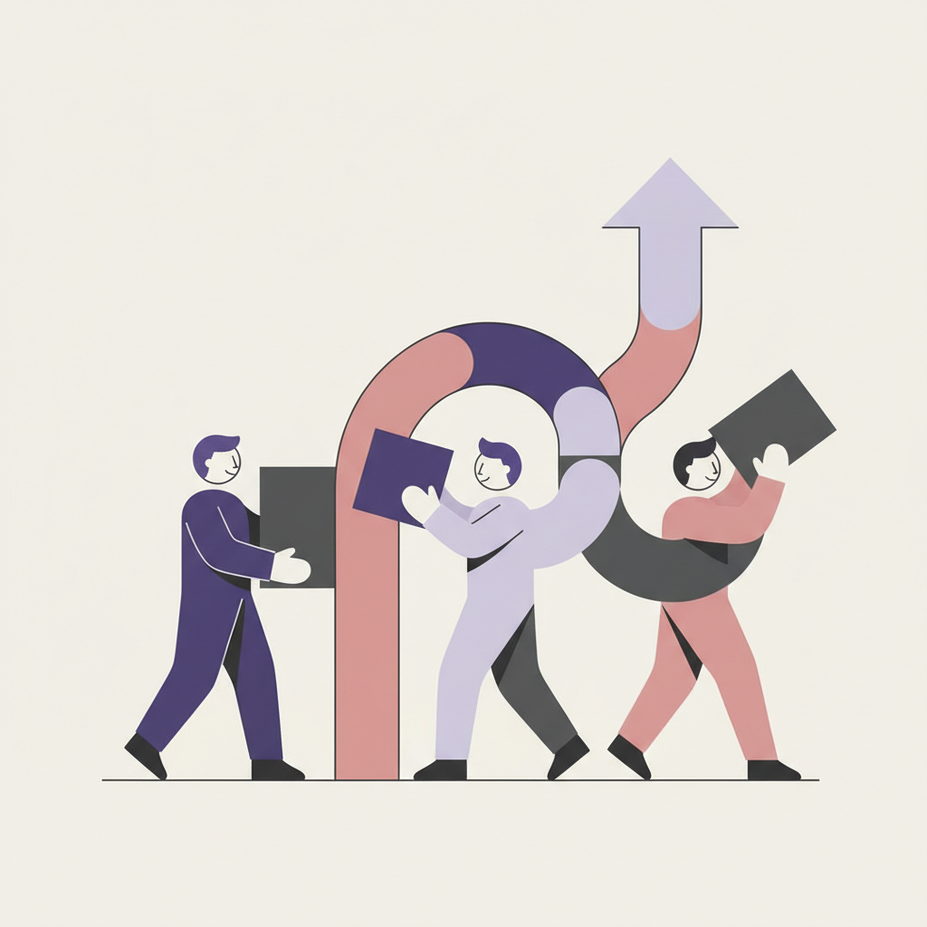 Remplacer l’illustration actuelle par une illustration vectorielle entièrement visuelle, sans aucun mot, aucune lettre, aucun titre, aucune bulle et aucun texte intégré dans l’image. Représenter trois personnes aux visages simples et visibles qui construisent ensemble une structure ou avancent côte à côte, pour symboliser l’émancipation et le développement social. Style éditorial professionnel, aplats simples, palette violet profond, lavande très pâle, rose poudré et gris anthracite, fond clair uni, format carré adapté à une carte web.