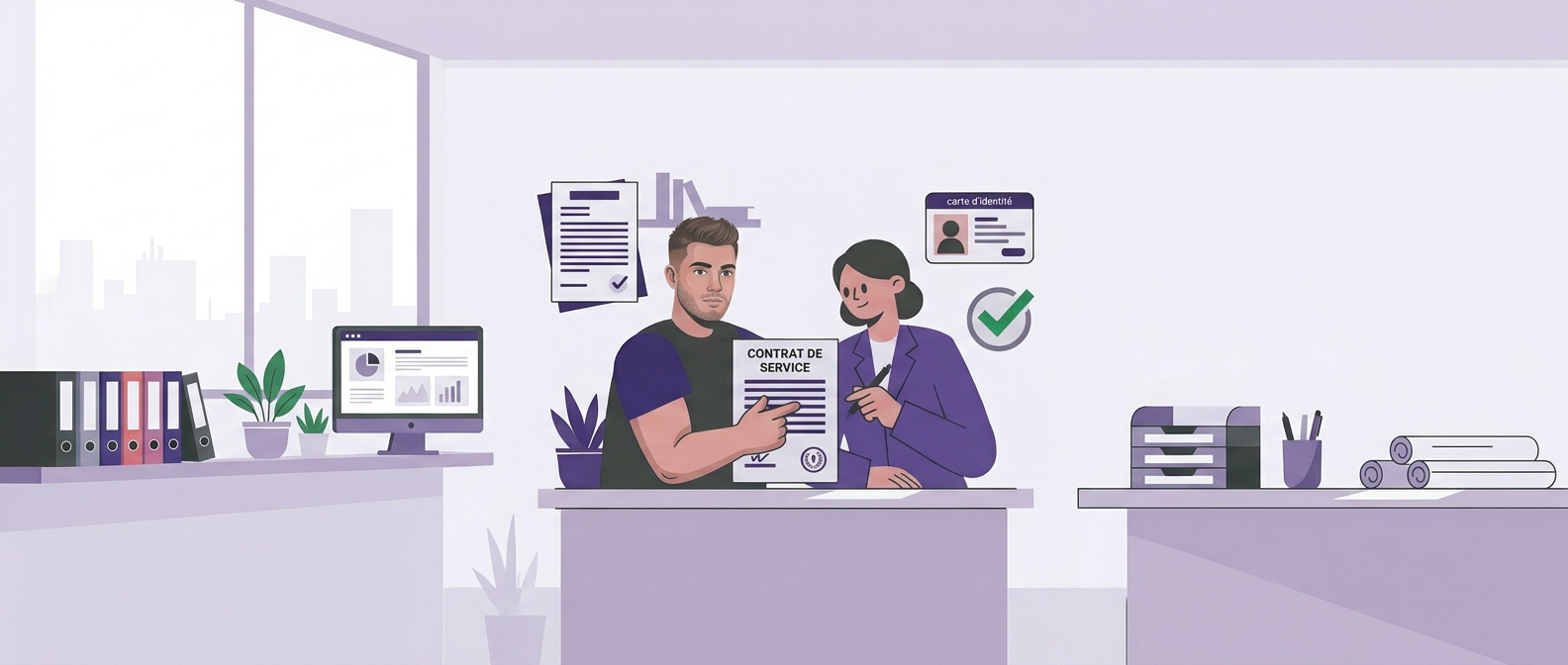 Identity verification document review process Two people reviewing a document beside an identification card and approval checkmark