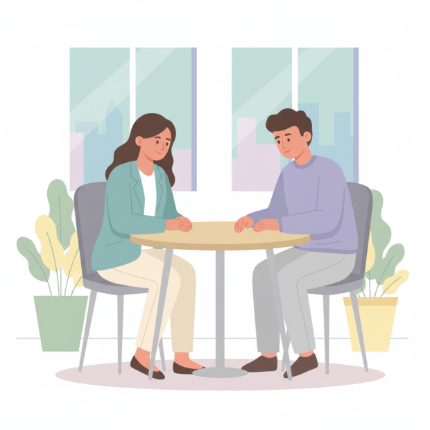 Soft, modern flat vector illustration, no text, pastel colors, depicting a caring social worker listening and supporting an employee in a calm office setting, minimal and professional style